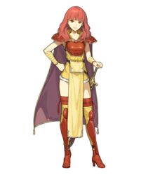  armor bandaged_arm bandages breastplate cape celica_(fire_emblem) celica_(warrior_princess)_(fire_emblem) dress female fire_emblem fire_emblem_echoes:_shadows_of_valentia fire_emblem_gaiden fire_emblem_heroes full_body hand_on_own_hip hidari_(left_side) high_heels highres lips long_hair looking_at_viewer non-web_source official_art pelvic_curtain red_eyes red_hair sheath sheathed shoulder_armor sleeveless smile solo standing sword thighhighs transparent_background weapon 