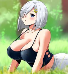  alternate_breast_size alternate_costume bare_shoulders blue_eyes blush breasts casual cleavage collarbone commentary_request covered_nipples day female grass gym_uniform hair_ornament hair_over_one_eye hairclip hamakaze_(kancolle) kantai_collection large_breasts looking_at_viewer no_bra outdoors perepere-kun plant short_hair solo white_hair 