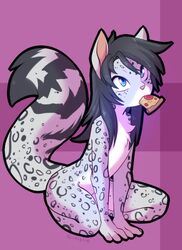  2016 ambiguous_gender anthro avoid_posting black_body black_fur black_hair blue_eyes casual_nudity felid food fur grey_body grey_fur hair kneeling leopard long_hair mammal markings multicolored_body multicolored_fur nude pantherine pink_nose pizza simple_background snow_leopard solo spots spotted_body spotted_fur taiga_winters tasteful_nudity white_body white_fur yuurikin 