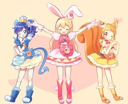  3girls :d ;) ;d ^_^ aikatsu! aikatsu!_(series) animal_ears arisugawa_otome arms_up blonde_hair blue_eyes blue_hair blush boots bow bowtie brown_eyes cake_hair_ornament choker closed_eyes commentary_request cosplay cure_custard cure_custard_(cosplay) cure_gelato cure_gelato_(cosplay) cure_whip cure_whip_(cosplay) double_bun dress earrings elbow_gloves extra_ears finger_gun food food-themed_hair_ornament fruit gloves gold_crown hair_bun hair_ornament heart heart_background heart_hands hoshimiya_ichigo jewelry kimoko kirakira_precure_a_la_mode kiriya_aoi lion_ears lion_tail long_hair looking_at_viewer magical_girl multiple_girls name_connection one_eye_closed open_mouth orange_hair pointed_crown precure puffy_sleeves rabbit_ears side_ponytail skirt smile squirrel_ears squirrel_tail strawberry tail 