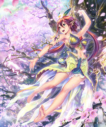  bare_legs bare_shoulders barefoot bird breasts cherry_blossoms colored_skin commentary cygames dress fantasy female flower flower_on_head full_body granblue_fantasy green_eyes highres hisakata_souji large_breasts leaf leaf_on_head long_hair monster_girl petals plant plant_girl pointy_ears red_hair shingeki_no_bahamut solo tree twintails vines white_skin yggdrasil_(granblue_fantasy) 