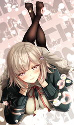  arm_support black_pantyhose blush bubble commentary_request danganronpa_(series) danganronpa_2:_goodbye_despair female flipped_hair galaga glowing hair_ornament hairclip hatori_mia highres hood hoodie legs_up looking_at_viewer lying medium_hair nanami_chiaki no_shoes on_stomach pantyhose pink_eyes pink_hair school_uniform smile solo sparkle star_(symbol) 