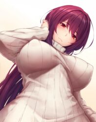  blush breasts commentary_request covered_nipples fate/grand_order fate_(series) female from_below gradient_background hair_between_eyes highres large_breasts long_hair long_sleeves looking_at_viewer lun7732 purple_hair red_eyes scathach_(fate) simple_background smile solo sweater tucking_hair turtleneck turtleneck_sweater very_long_hair white_sweater 