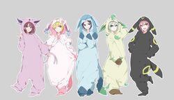  5girls ajiwo animal_costume black_hair blonde_hair brown_hair cosplay espeon espeon_(cosplay) forked_tail full_body glaceon glaceon_(cosplay) green_eyes hayami_kanade highres ichinose_shiki idolmaster idolmaster_cinderella_girls jougasaki_mika kigurumi leafeon leafeon_(cosplay) lipps_(idolmaster) long_hair looking_at_viewer miyamoto_frederica multiple_girls parted_bangs pink_hair pokemon protected_link shiomi_syuko short_hair simple_background smile standing sylveon sylveon_(cosplay) tail umbreon umbreon_(cosplay) yellow_eyes 