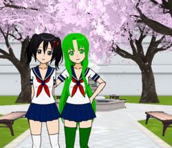  2girls black_hair green_eyes green_hair kisekae long_hair lowres midori_gurin_(yandere_simulator) multiple_girls school_uniform serafuku short_twintails smile twintails yandere_simulator zettai_ryouiki 