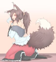  alternate_costume animal_ears bare_shoulders black_socks blouse blush body_blush breasts brown_hair commentary_request cube85 feet female from_behind full_body hair_lift highres imaizumi_kagerou large_breasts long_hair long_sleeves looking_at_viewer looking_back no_shoes off_shoulder ponytail red_eyes red_skirt shirt sitting skirt socks soles solo tail toes touhou wariza white_shirt wide_sleeves wolf_ears wolf_tail 