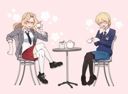  2girls bad_id bad_twitter_id black_necktie black_pantyhose blonde_hair blue_sweater blush closed_eyes covering_own_mouth crossed_legs cup darjeeling_(girls_und_panzer) dress_shirt girls_und_panzer hand_over_own_mouth ilhi jacket kay_(girls_und_panzer) laughing multiple_girls necktie pantyhose pink_background saucer saunders_school_uniform school_uniform shirt sitting sleeves_rolled_up smile st._gloriana&#039;s_school_uniform sugar_cube sweater table teacup teapot tongue tongue_out v-neck white_legwear white_shirt 