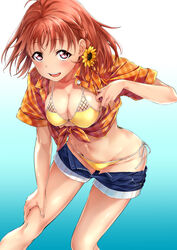  absurdres ahoge bikini bikini_under_clothes blue_background blue_shorts braid breasts cleavage clothes_pull commentary_request denim denim_shorts female flower gingham gingham_shirt gradient_background groin hair_flower hair_ornament highres leaning_forward looking_at_viewer love_live! love_live!_sunshine!! lowleg lowleg_bikini medium_breasts open_clothes open_fly open_mouth open_shorts orange_hair orange_shirt pinstripe_pattern red_eyes ribbon shirt short_hair short_shorts short_sleeves shorts shorts_pull side_braid smile solo striped sunflower swimsuit takami_chika tied_shirt unmoving_pattern unzipped yellow_bikini yellow_ribbon yuuki_(nijiiro_palette) zipper 