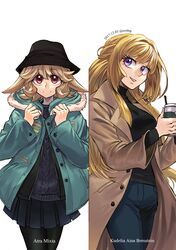  2girls absurdres atra_mixta bad_id bad_twitter_id bae_(baebae) black_hat black_jacket black_skirt blonde_hair breasts brown_coat character_name coat cup green_jacket gundam gundam_tekketsu_no_orphans hat highres jacket kudelia_aina_bernstein large_breasts light_brown_hair long_hair multiple_girls open_mouth pantyhose pleated_skirt purple_eyes red_eyes sidelocks skirt smile turtleneck 