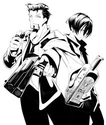  2boys 91_days alcohol avilio_bruno black_pants bottle cigar commentary_request facial_hair foreshortening greyscale gun holding holding_bottle holding_gun holding_weapon kairyuu_(drshellon) lighter looking_at_viewer male_focus monochrome multiple_boys necktie nero_vanetti pants simple_background standing undercut weapon white_background 