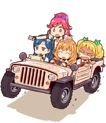  4girls :d ^_^ aikatsu! aikatsu!_(series) blonde_hair blue_hair blush blush_stickers bow braid brown_eyes brown_hair car chibi closed_eyes commentary_request drill_hair driving fingerless_gloves flower gloves hair_flower hair_ornament hair_ribbon hairbow haiteku himesato_maria jeep kazesawa_sora long_hair motor_vehicle multiple_girls o_o open_mouth otoshiro_seira partial_commentary pointing ponytail red_hair ribbon saegusa_kii shadow shirt short_sleeves simple_background smile smirk twintails vehicle_focus wheelie white_background 