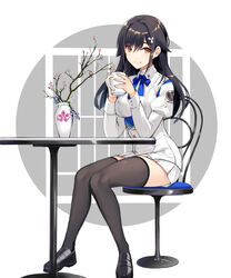  akanebi azur_lane black_hair black_thighhighs breasts chair choukai_(azur_lane) closed_mouth commentary_request cup female hair_between_eyes hair_ornament highres holding holding_cup large_breasts long_hair long_sleeves looking_at_viewer mug pleated_skirt sitting skirt smile solo table thighhighs yellow_eyes 