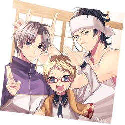  :d bandana black_hair blonde_hair blue_eyes brown_hair facial_hair glasses hakata_toushirou hakusai_ponzu heshikiri_hasebe jacket male_focus multiple_boys nihongou_(touken_ranbu) open_mouth purple_eyes red-framed_eyewear salute smile stubble touken_ranbu towel towel_around_neck track_jacket 