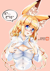  amino_dopple animal_ear_fluff animal_ears bad_id bad_pixiv_id bell blonde_hair blue_eyes blunt_bangs blush breasts collared_shirt commentary dated female fox_ears glasses hair_bell hair_ornament highres honami_mikura_(amino_dopple) jingle_bell large_breasts long_hair long_sleeves looking_at_viewer low_twintails original outline paizuri_invitation parted_lips pink_background red-framed_eyewear semi-rimless_eyewear shirt signature simple_background slit_pupils solo translated twintails twitter_username under-rim_eyewear upper_body white_outline white_shirt wing_collar 