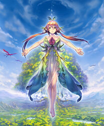  :| bare_arms bare_legs bare_shoulders barefoot bird breasts closed_mouth commentary cygames day dress fantasy feathers female flower full_body glowing granblue_fantasy green_eyes highres hisakata_souji large_breasts leaf leaf_on_head long_legs monster_girl plant_girl see-through shadowverse shingeki_no_bahamut sky solo thigh_gap twintails yggdrasil_(granblue_fantasy) 