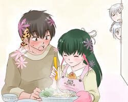  2boys 2girls apron blush commentary_request food hanamutsuki hibiki_ryouga multiple_boys multiple_girls ranma_1/2 saotome_ranma soup tendou_akane unryuu_akari 