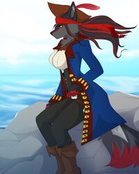  4:5 5_fingers anthro biped black_hair black_nose canid canine canis clothed clothing detailed_background female fingers fur green_eyes grey_body grey_fur hair hi_res kaptainarr_(character) kittentits mammal pirate red_hair rock scenery sea sitting smile solo water wolf 