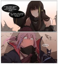  2girls bangs black_hair blush english_text eyebrows_visible_through_hair full-face_blush girls_frontline green_hair hair_between_eyes jacket long_hair looking_away m4a1_(girls_frontline) maiqtells mod3_(girls_frontline) multicolored_hair multiple_girls parted_lips pink_hair scarf st_ar-15_(girls_frontline) streaked_hair sweat 