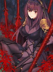  armor bodysuit breasts commentary_request covered_navel fate/grand_order fate_(series) female flower gae_bolg_(fate) large_breasts light_smile long_hair looking_at_viewer mysterymiharu pauldrons photoshop_(medium) polearm purple_bodysuit purple_hair red_eyes scathach_(fate) shoulder_armor spear spider_lily tree veil weapon 