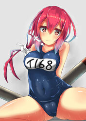  blush breasts closed_mouth commentary_request covered_navel curvy female grey_background hair_between_eyes highres i-168_(kancolle) kantai_collection large_breasts long_hair one-piece_swimsuit plump red_eyes red_hair school_swimsuit simple_background solo swimsuit thighs torpedo unomi 