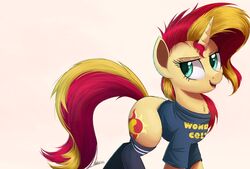  2016 blonde_hair clothed clothed_feral clothing cutie_mark english_text equestria_girls equid equine eyelashes female feral fluffy footwear fur green_eyes hair hasbro hi_res horn knee_highs knee_socks legwear long_hair mammal multicolored_hair multicolored_tail my_little_pony mythological_creature mythological_equine mythology ncmares open_mouth red_hair shirt simple_background socks solo standing sunset_shimmer_(eg) tail tan_body tan_fur text text_on_clothing text_on_shirt text_on_topwear tongue topwear two_tone_hair unicorn unicorn_horn white_background 