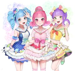  3girls :d bad_id bad_pixiv_id bare_legs berry_(shining_star) blue_dress blue_eyes blue_hair blunt_bangs bow bowtie bracelet closed_mouth curly_hair decora detached_sleeves dress drill_hair feet_out_of_frame flower frilled_skirt frills gloves green_eyes green_footwear hairbow hand_up hat highres idol jewelry leg_up looking_at_viewer midriff mini_hat multiple_girls ohisashiburi open_mouth over-kneehighs peach_(shining_star) pink_bow pink_eyes pink_hair purple_hair red_bow red_bowtie sailor_collar school_uniform serafuku shining_star shirt shoes short_hair short_sleeves skirt skirt_hold smile socks standing standing_on_one_leg tareme thighhighs tiara tilted_headwear twin_drills v vanilla_(shining_star) w white_flower white_gloves white_legwear yellow_bow yellow_shirt yellow_skirt zettai_ryouiki 