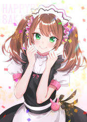  1boy :3 akariko apron black_dress blush brown_hair buttons character_name clenched_hands closed_mouth commentary_request confetti crossdressing dress green_eyes hair_ornament hair_scrunchie hands_up happy_birthday head_tilt highres idolmaster idolmaster_side-m light_particles long_hair looking_at_viewer maid maid_headdress male_focus mizushima_saki otoko_no_ko pink_ribbon pink_scrunchie polka_dot polka_dot_scrunchie puffy_short_sleeves puffy_sleeves ribbon scrunchie shirt short_sleeves sidelocks simple_background smile solo sparkle star_(symbol) star_hair_ornament striped_clothes striped_scrunchie swept_bangs twintails waist_apron white_apron white_background white_shirt 