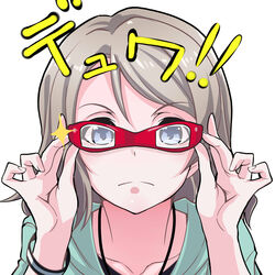  adjusting_eyewear blue_eyes blush closed_mouth collarbone commentary_request female frown glasses grey_hair hair_between_eyes jewelry kurihara_kenshirou love_live! love_live!_sunshine!! necklace photoshop_(medium) short_hair simple_background solo ultra_eye ultra_series ultraseven_(series) watanabe_you white_background wristband 