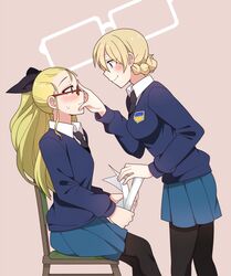  2girls assam_(girls_und_panzer) bad_id bad_twitter_id black_necktie black_pantyhose blonde_hair blue_skirt blue_sweater breasts darjeeling_(girls_und_panzer) dress_shirt girls_und_panzer glasses hand_on_another&#039;s_face holding holding_paper ilhi large_breasts multiple_girls necktie pantyhose paper red-framed_eyewear school_uniform shirt sitting skirt st._gloriana&#039;s_school_uniform sweatdrop sweater v-neck white_shirt yuri 