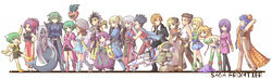  6+boys 6+girls ahoge alcohol androgynous animal animal_ears annie_(saga_frontier) aqua_eyes armor asellus_(saga_frontier) bare_shoulders belt black_hair blonde_hair blue_(saga_frontier) blue_eyes blue_hair blue_skirt book boots bottle breasts brown_hair cape cleavage commentary_request coon_(saga_frontier) doll_(saga_frontier) dress elbow_gloves emilia_(saga_frontier) everyone eye_contact facing_viewer flower fur_trim fuse_(saga_frontier) gloves green_eyes green_hair green_jacket hair_ornament harem_pants hat headband headgear highres holding holding_sword holding_weapon horns jacket jewelry katana leather liquor liza_(saga_frontier) long_hair looking_at_another looking_at_viewer lute_(saga_frontier) mecha medium_breasts medium_hair mermaid monster_girl multiple_boys multiple_girls muscular necklace open_mouth orange_hair orange_hat pants pantyhose ponytail primiera_(saga) princess_rei princess_white_rose purple_eyes purple_hair red_(saga_frontier) red_eyes red_flower red_rose ren_(saga_frontier) ribbon riki_(saga) robot rose rouge_(saga_frontier) saga saga_frontier sheath sheathed short_hair shorts silence_(saga_frontier) simple_background single_horn skirt slime_(substance) smile sword t260g_(saga) tail takana_(srplus) thighhighs turnip twintails very_long_hair weapon white_background white_flower white_headband white_rose 