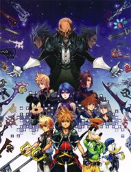  6+boys ansem_seeker_of_darkness aqua_(kingdom_hearts) bald brown_hair cover disney donald_duck female furry goofy highres keyblade kingdom_hearts kingdom_hearts_birth_by_sleep kingdom_hearts_ii kingdom_key looking_at_viewer master_xehanort mickey_mouse multiple_boys multiple_persona no_name_(keyblade) nomura_tetsuya official_art pointy_ears riku_(kingdom_hearts) sora_(kingdom_hearts) sparkle spiked_hair square_enix terra_(kingdom_hearts) ventus_(kingdom_hearts) video_game_cover way_to_the_dawn weapon xemnas 