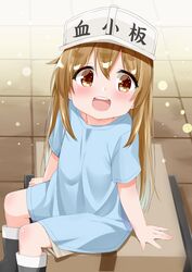  :d black_footwear blue_shirt blush boots brown_eyes brown_shorts cacao_(chocolat) character_name clothes_writing commentary_request female flat_cap hair_between_eyes hat hataraku_saibou highres light_brown_hair long_hair looking_at_viewer open_mouth platelet_(hataraku_saibou) round_teeth shirt short_shorts short_sleeves shorts smile solo teeth upper_teeth_only very_long_hair white_hat 