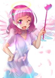  ;d angel angel_wings blunt_bangs blush collarbone commentary_request dress feathered_wings female hair_ornament halo hand_on_own_hip highres hugtto!_precure looking_at_viewer nono_hana one_eye_closed open_mouth pink_eyes pink_hair precure short_hair smile solo wings x_hair_ornament zakuro0508 