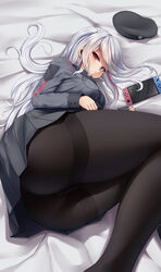  absurdres ass bed_sheet beret black_pantyhose black_skirt blue_eyes breasts chinese_commentary closed_mouth commentary_request earbuds earphones eyes_visible_through_hair female girls&#039;_frontline grey_hair hat heterochromia highres long_hair long_sleeves looking_at_viewer lying mdr_(girls&#039;_frontline) medium_breasts multicolored_hair nintendo_switch on_side one_side_up pantyhose photoshop_(medium) pink_eyes pink_hair pleated_skirt sidelocks skirt solo streaked_hair suzishi_ovo thick_thighs thighs unworn_headwear 