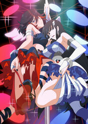  2girls armlet biting black_hair black_skirt blue_eyes blush bracelet colorized commentary cosplay creator_connection dr._neque dress english_commentary finger_biting hair_ornament hairclip highres jewelry kill_la_kill kiryuuin_satsuki long_hair matoi_ryuuko mini_wings multiple_girls panties panty_&amp;_stocking_with_garterbelt panty_(psg) panty_(psg)_(cosplay) panty_pull photoshop_(medium) pole pole_dancing short_hair siblings sisters skirt sparkle stocking_(psg) stocking_(psg)_(cosplay) stripper_pole thighhighs_pull underwear white_dress wings yunkru 