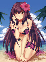  beach bikini blue_sky blush bracelet breasts bridal_garter cleavage cloud commentary_request cup day drinking_glass fate/grand_order fate_(series) female flower hair_flower hair_intakes hair_ornament hibiscus jewelry kneeling large_breasts looking_at_viewer mysterymiharu ocean outdoors palm_leaf photoshop_(medium) pink_bikini purple_bikini purple_hair purple_sarong red_eyes sand sarong scathach_(fate) scathach_(swimsuit_assassin)_(fate) sky solo strap_slip swimsuit 