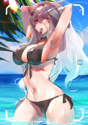  armpits arms_up bare_shoulders bear_hair_ornament bikini black_bikini blue_sky blush breasts choker commentary contrapposto cowboy_shot day female front-tie_bikini_top front-tie_top girls&#039;_frontline grey_hair hair_between_eyes hair_ornament hair_tie_in_mouth highres horizon large_breasts long_hair looking_at_viewer mouth_hold navel outdoors pk_(girls&#039;_frontline) red_eyes side-tie_bikini_bottom sky solo swimsuit tying_hair viewfinder wading water wet yueqin_(monnpiano) 