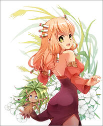  :d armband bare_shoulders blonde_hair blue_dress blush breasts brown_hair closed_mouth commentary_request criss-cross_halter detached_sleeves dress dryad_(seiken_densetsu) female fur_trim green_background green_eyes hair_ornament hair_tubes halterneck house imu_(lom) legend_of_mana long_hair looking_at_viewer looking_back medium_breasts miniature open_mouth polearm purple_eyes seiken_densetsu simple_background smile souichi upper_body weapon 