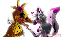  animatronic anthro avian bird canid canine chicken claws digital_media_(artwork) duo fangs female five_nights_at_freddy&#039;s five_nights_at_freddy&#039;s_4 flower fox fur galliform gallus_(genus) hair heart_symbol hi_res hiyoko kissing machine mammal nightmare_chica_(fnaf) nightmare_mangle_(fnaf) phasianid plant robot scottgames smile teeth white_hair yellow_body yellow_fur 