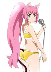  absurdres animal_ear_fluff animal_ears ass bikini cat_ears cat_tail commentary_request female from_behind green_eyes gundam gundam_build_divers highres long_hair looking_back momo_(gundam_build_divers) photoshop_(medium) pink_hair ponytail shower_head showering smile solo swimsuit tail tonotyama very_long_hair yashiro_momoka yellow_bikini 