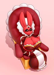  averyshadydolphin big_breasts breasts bunny_(averyshadydolphin) chair cleavage clothed clothing crown dress female frill_(anatomy) fur furniture gloves handwear headgear hi_res huge_breasts lagomorph leporid long_ears mammal membrane_(anatomy) membranous_frill rabbit red_body red_fur royalty solo throne 