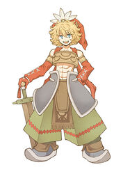  1boy :d abs androgynous armor blonde_hair blue_eyes boots brown_theme commentary_request crop_top crop_top_overhang curly_hair detached_sleeves feathers full_body futatsuki_(perfect_lovers) gloves green_pants hair_between_eyes hand_on_hilt hand_on_own_hip hat holding holding_weapon large_shoes legend_of_mana looking_at_viewer male_focus midriff navel open_mouth pants red_gloves red_hat seiken_densetsu shoes simple_background smile solo standing stomach sword toto_(lom) weapon white_background 