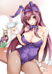  3girls alternate_costume animal_ears apron blonde_hair bow bowtie breasts champagne_flute cleavage cocktail_glass cocktail_shaker commentary_request cosplay covered_navel cup detached_collar drinking drinking_glass drinking_straw enmaided fake_animal_ears fate/grand_order fate_(series) food hair_between_eyes head_wings high_heels highres ice_cream leotard long_hair maid maid_apron maid_headdress multiple_girls official_alternate_costume pantyhose parted_lips playboy_bunny ponytail purple_hair rabbit_ears rabbit_tail red_eyes scathach_(fate) scathach_(fate)_(cosplay) scathach_(piercing_bunny)_(fate) scathach_skadi_(fate) sezok smile strapless strapless_leotard sweater tail thrud_(fate) valkyrie_(fate) wings wrist_cuffs 