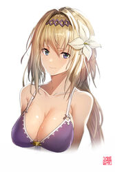  bare_shoulders bikini blonde_hair breasts cleavage collarbone commentary_request female flower front-tie_bikini_top front-tie_top goemon1110 granblue_fantasy hair_between_eyes hair_flower hair_intakes hair_ornament hairband highres jeanne_d&#039;arc_(granblue_fantasy) jeanne_d&#039;arc_(summer)_(granblue_fantasy) large_breasts light_smile long_hair official_alternate_costume purple_bikini purple_eyes purple_hairband swimsuit upper_body wet white_flower 