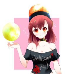  bare_shoulders breasts chains choker clothes_writing commentary_request crop_top female hecatia_lapislazuli large_breasts medium_hair moon_(ornament) off-shoulder_shirt off_shoulder one-hour_drawing_challenge red_eyes red_hair shirt smile touhou translation_request usuusu 