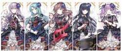  5girls :d ;) ;d aqua_flower aqua_hair aqua_rose bang_dream! black_bow black_bowtie black_choker black_eyes black_ribbon blue_flower blue_rose bow bowtie brown_hair brown_legwear cable character_name choker commentary corsage detached_sleeves dress drumsticks electric_guitar flower frills green_eyes green_flower grey_hair guitar hair_flower hair_ornament hair_ribbon half_updo highres hikawa_sayo holding holding_cable imai_lisa instrument keyboard_(instrument) long_hair long_sleeves looking_at_viewer microphone_stand minato_yukina multiple_girls nennen one_eye_closed open_mouth overskirt pantyhose purple_eyes purple_flower purple_hair purple_rose red_flower red_rose ribbon rose roselia_(bang_dream!) shirokane_rinko short_sleeves smile symbol-only_commentary twintails udagawa_ako white_flower white_rose wrist_cuffs yellow_eyes 