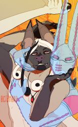  0ct0m0n0 ambiguous_anthro ambiguous_gender anthro artist_name bat blue_body brown_markings dirty_deeds_done_dirt_cheap_(jjba) duo fangs front_view fur grey_body grey_fur hand_on_chest hi_res hug hugging_another hugging_from_behind jojo's_bizarre_adventure looking_at_viewer male male_anthro mammal markings narrowed_eyes red_eyes slim_ambiguous slim_anthro slim_male steel_ball_run teeth text translucent translucent_body 
