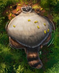  2025 belly big_belly feral forest fur half-closed_eyes hi_res huge_belly hyper hyper_belly ian-exe lying male mammal morbidly_obese morbidly_obese_feral morbidly_obese_male motion_lines narrowed_eyes nude obese obese_feral obese_male on_back open_mouth overweight overweight_feral overweight_male paws plant procyonid raccoon realistic signature smile solo tail tree 