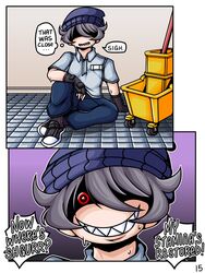  1boy 2021 absurd_res ahoykoi bottomwear closed_mouth clothing comic comic_page dialogue digital_media_(artwork) english_text evil_eyes evil_grin evil_smile fingerless_gloves gloves grey_hair grin headwear hi_res horny horny_(disambiguation) imminent_rape janitor koianimations male male_only open_mouth page_15 page_number pants purple_socks red_eyes sharp_teeth shoes sitting sitting_down smiling socks speech_bubble sweaty text_bubble topwear unknown_character 