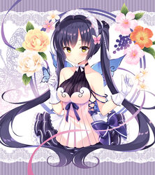  animal animal_on_hand bare_shoulders berry black_hair black_skirt blue_butterfly blush breasts bug butterfly butterfly_on_hand chinese_trumpet_vine collarbone commentary_request dress female floral_background flower gloves highres lace lace_background long_hair looking_at_viewer medium_breasts nanohana_kohina orange_flower original parted_lips pink_flower pleated_dress pleated_skirt rose ruri_(tougetsu_hajime) skirt solo trumpet_creeper twintails very_long_hair white_dress white_flower white_gloves white_rose yellow_eyes yellow_flower yellow_rose 